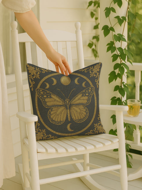 A square woven tapestry pillow in charcoal grey and metallic gold thread, embodying a premium, artisan feel. The central design features an intricate butterfly, a nod to entomology decor, encircled by a celestial moon phase motif. This combination of mystical and dark botanical elements makes it ideal for Whimsigoth, Gothic, and Dark Academia aesthetics. Ornate Victorian flourishes in the corners complete this luxurious, double-sided piece of functional art.